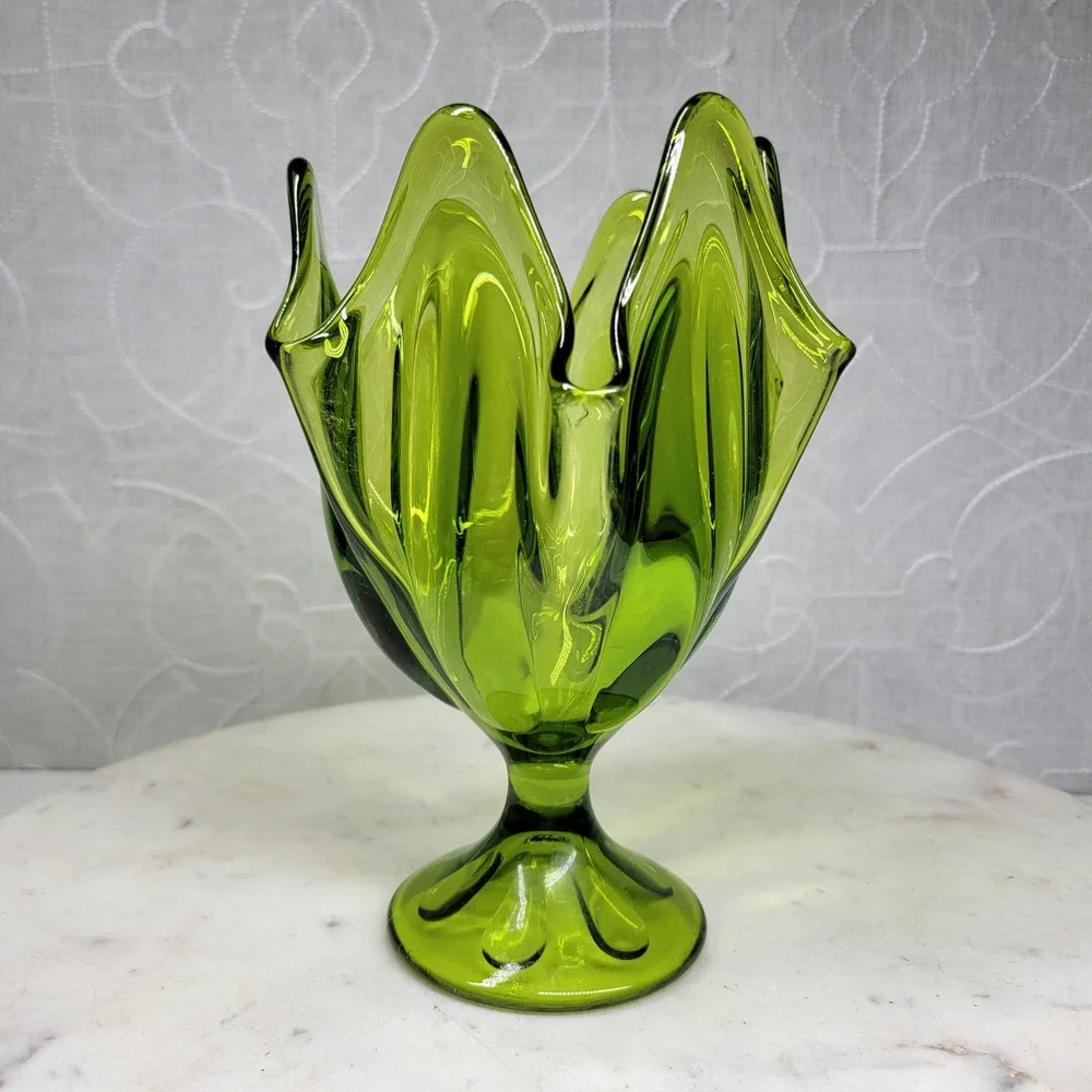 VTG Viking Epic Glass Swung Vase Six Finger Green Pedestal Footed MCM Home Decor